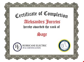 Aleksandrs Jurcevs - darbu piemēri: Hurricane Electric IPv6 Certification - foto Nr.1