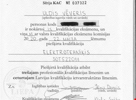 Uldis  - darbu piemēri: Kompitenci apliecinoši dokumenti elektrotehnikā - foto Nr.1